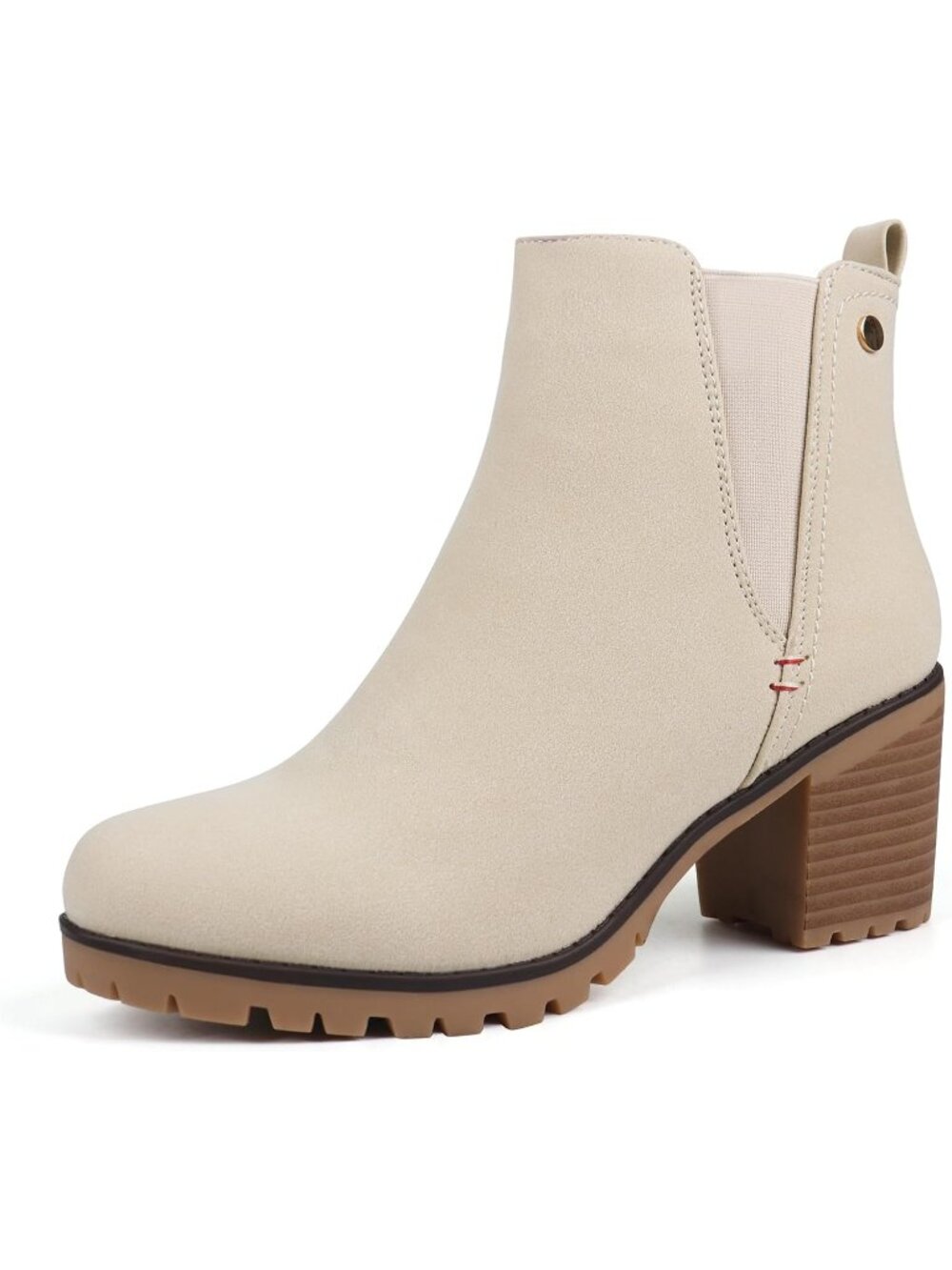 Women's Sand Suede Ankle Booties Slip On Chelsea Chunky Block Heel Short Boots